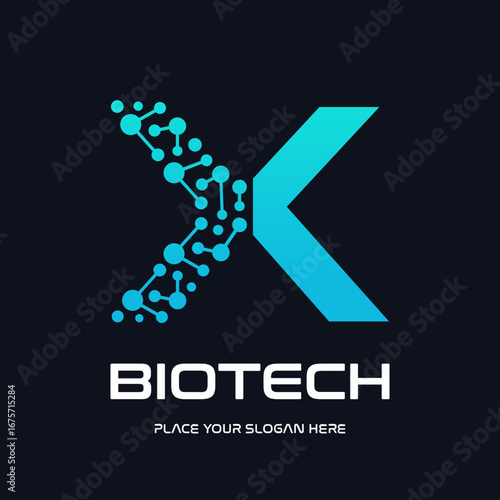 A modern and futuristic logo design for biotech and technology companies, featuring a stylized letter "X" with an abstract molecule or DNA structure. The design uses a dynamic blue gradient, symbolizi