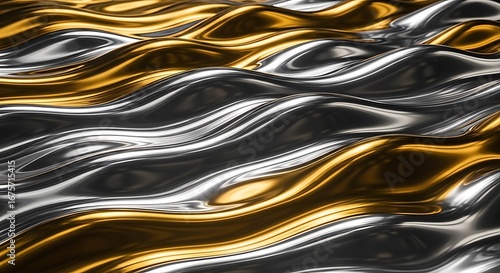 Abstract close-up of metallic undulating surfaces, featuring dynamic waves of gold and silver hues creating a fluid, reflective texture.