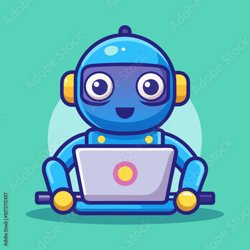 Cute blue robot working on a laptop with a friendly smile