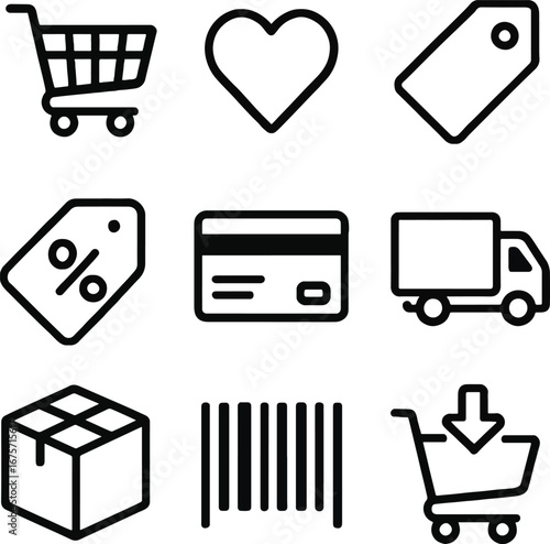 Simple line art shopping elements depicting online retail and ecommerce on white backdrop, conveying ease and convenience.