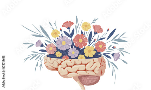 Illustration of human brain with colorful flowers and leaves growing from it, symbolizing mental growth, creativity, and emotional flourishing