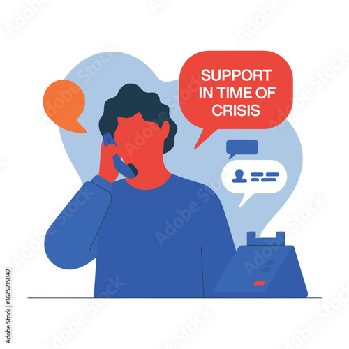Illustration of person on phone with speech bubbles and “SUPPORT IN TIME OF CRISIS” text, symbolizing help, communication, and emotional care