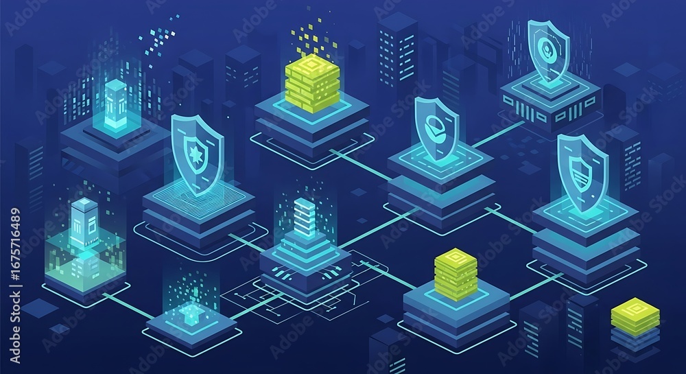 Fototapeta premium Blockchain Network Isometric Illustration.