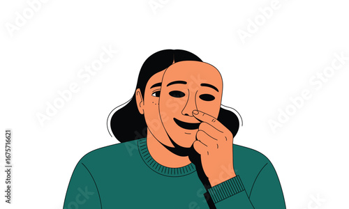 Illustration of person holding smiling mask over neutral face, symbolizing hidden emotions, duality, and the complexity of self-expression