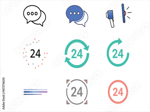 A collection of modern vector icons representing 24-hour service, customer support chat, and technology symbols