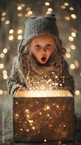 Wallpaper Mural Child opening a big gift box with sparkling lights, symbolizing joy, surprise, and the magic of celebration. Torontodigital.ca
