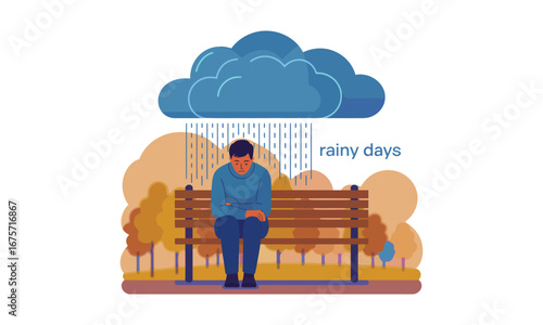 Illustration of person sitting alone on bench under rain cloud with “rainy days” text, symbolizing sadness, reflection, and emotional struggle