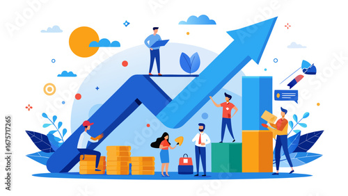 Teamwork and growth illustrated with a rising arrow and financial elements