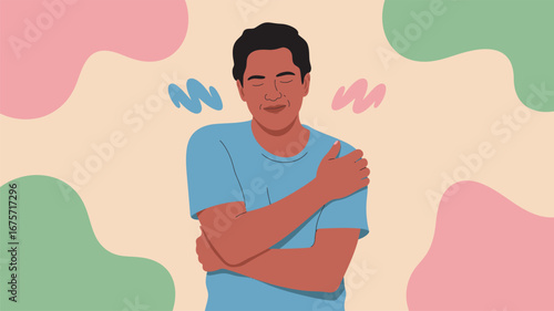 Stylized illustration of person with arm across shoulder and abstract background, symbolizing discomfort, pain, or emotional tension
