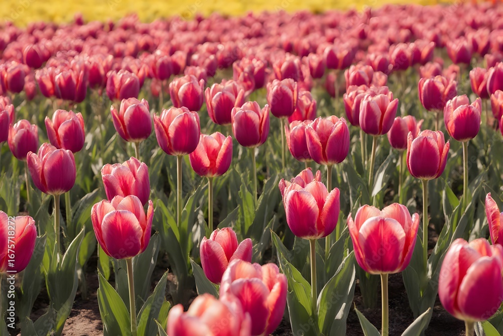 Obraz premium Red tulips bloom in a field with sunlight.