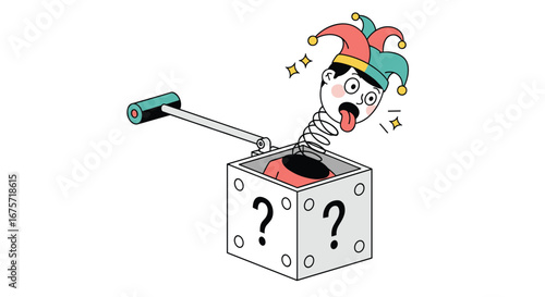 A surprising jack in the box toy popping out with a cartoon character and question marks on the box