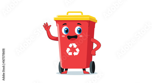 Friendly cartoon red recycling bin with a yellow lid waving hello and promoting eco-friendly waste management practices