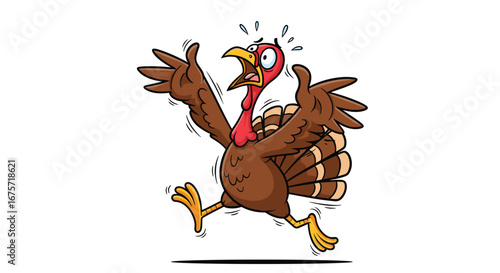 Scared cartoon turkey running away fast during thanksgiving season