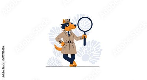 An animated dog detective wearing a trench coat and fedora inspects with a magnifying glass