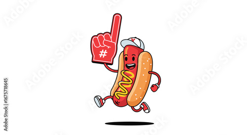 Excited hot dog character with foam finger cheering at a sports event showing enthusiasm and joy