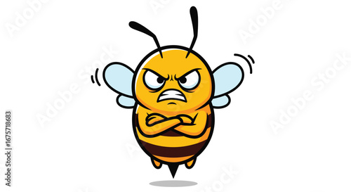 Fierce angry cartoon bumblebee character hovering with crossed arms and grumpy expression ready for action and fierce defense