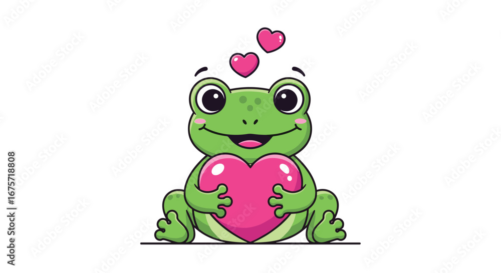 Obraz premium Adorable green frog hugging a pink heart with love bubbles floating above its head