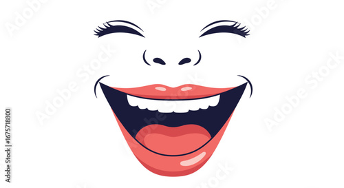 An animated face with a wide grinning mouth showing teeth and smiling eyes with curved eyelashes expressing joy and happiness in a fun digital illustration
