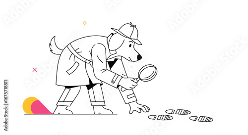 Illustrating canine detective investigation tracking footprints with magnifying glass and detective hat
