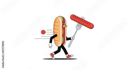 A cartoon hot dog character with arms legs and eyes running while holding a fork with a sausage