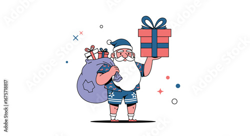 Santa claus wearing shorts and hawaiian shirt delivers gifts for the holiday season celebration