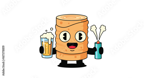 Whimsical wood log character with beer and soda celebration entertainment fun