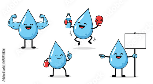 Energetic water droplet characters showing healthy lifestyle and fitness activities and promoting a healthy message