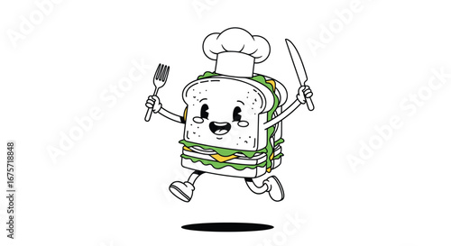 Adorable cartoon sandwich character with chef hat holding fork and knife ready to eat delicious food