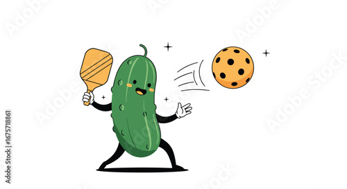 Playful pickle enthusiast engages in energetic pickleball match against a cookie opponent for outdoor recreation fun