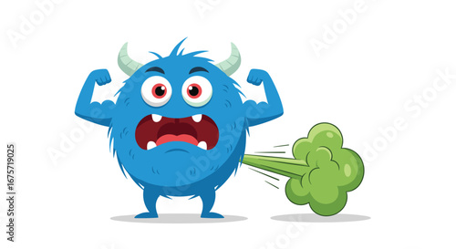 Funny blue monster farting green gas gasps with big eyes and horns flexing muscles