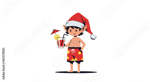 Happy elf enjoying a tropical drink on vacation wearing christmas hat and beach shorts