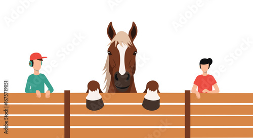 People training a horse in an outdoor arena with wooden fences