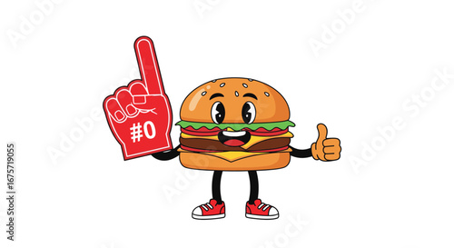 Hamburger character giving a thumbs up and holding a foam finger demonstrating enthusiasm and support for delicious food