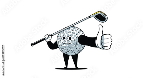 Golf ball character holding a club and giving a thumbs up showing enthusiasm