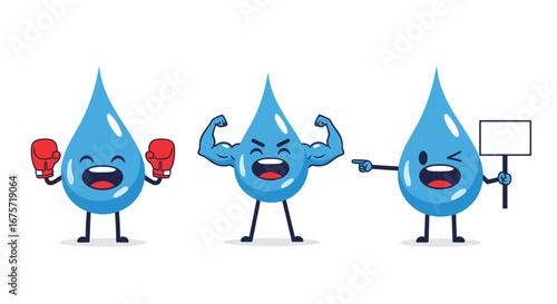 Happy cartoon water drops with boxing gloves flexing muscles and holding a sign with enthusiasm