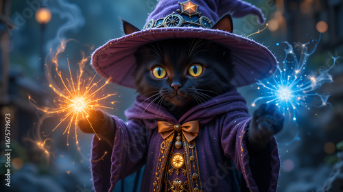 Adorable Black Cat Dressed as a Wizard, Casting Playful Spells with Glowing Magical Lights Swirling Around Him, A Magical and Adorable Image