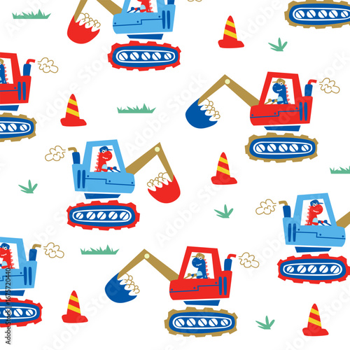 dinosaur driving contration cars cartoon vector seamless pattern design for kids apparel