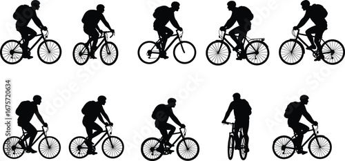 Cyclist silhouettes riding bicycles, backpack riders, urban commuting, active lifestyle, transportation concept, sports activity, healthy living, outdoor exercise, mobility,