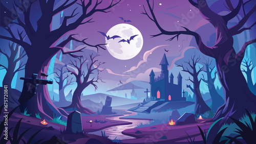 Haunted Castle in Dark Forest with Full Moon Vector Art