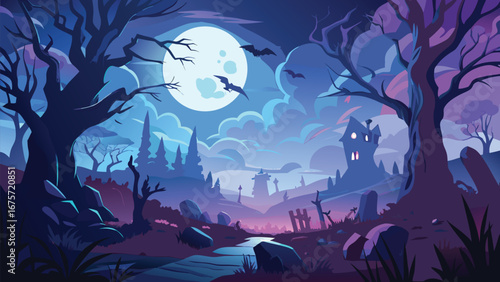 Scary Haunted House in Graveyard with Full Moon Vector Illustration