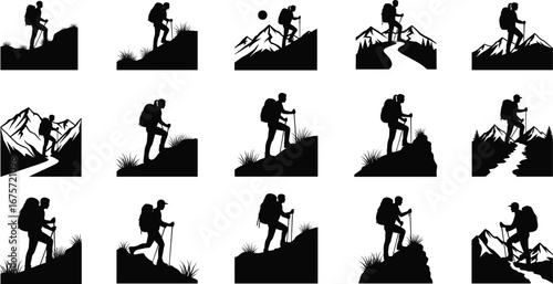 Hiking silhouettes, mountain trekking, outdoor adventure, backpackers, wilderness exploration, scenic trails, climbing hills, nature travel, trekking paths