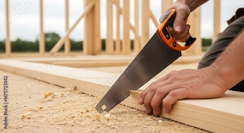 Carpenter sawing wood at construction site.