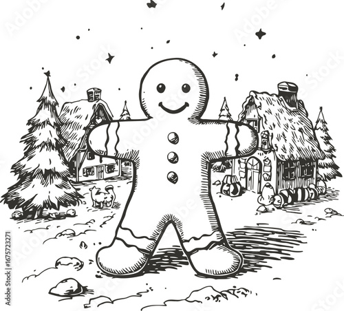 Happy gingerbread man with magical candy land with sweet houses on background. Vector Christmas or fairy tale scene. 