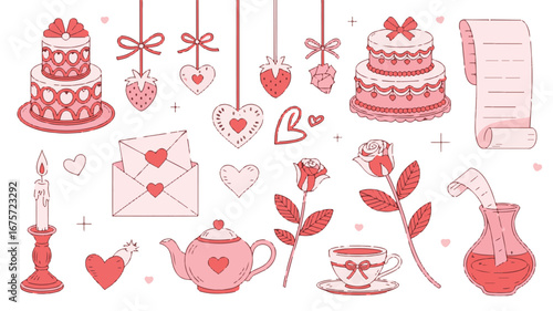 Assortment of Valentine's Day Graphics with Cakes Roses and Hearts love strawberry