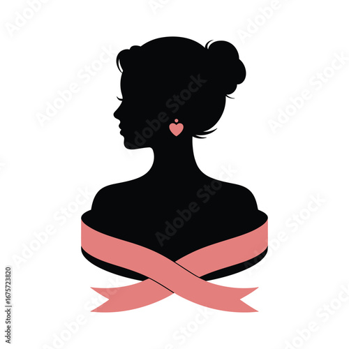 Female Silhouette with Pink Ribbon – Women’s Breast Cancer Awareness Icon Vector