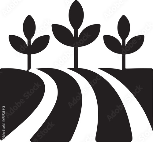 Planted field rows silhouette icon vector. Agriculture and farming design for crops, cultivation, and landscape.