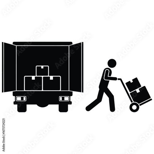 Black and white delivery scene icon isolated on white background