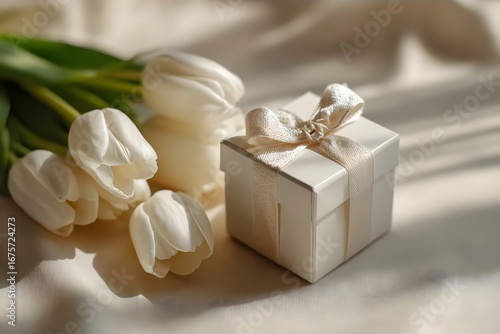 White tulips and a gift box
