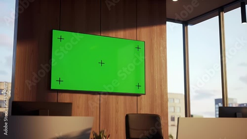Modern Office Interior with Green Screen TV Display for Custom Content, Sunlight, and City View