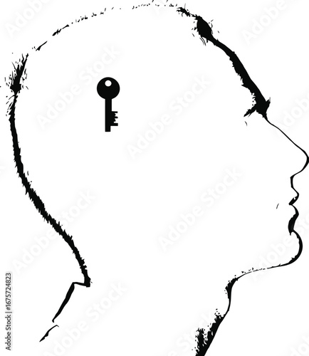 Black and White Silhouette of Human Head in Profile with Upright Key Symbol Embedded in Brain Area, Stylized with Rough Edges and Minimalist Design to Represent Mental Insight, Knowledge, 